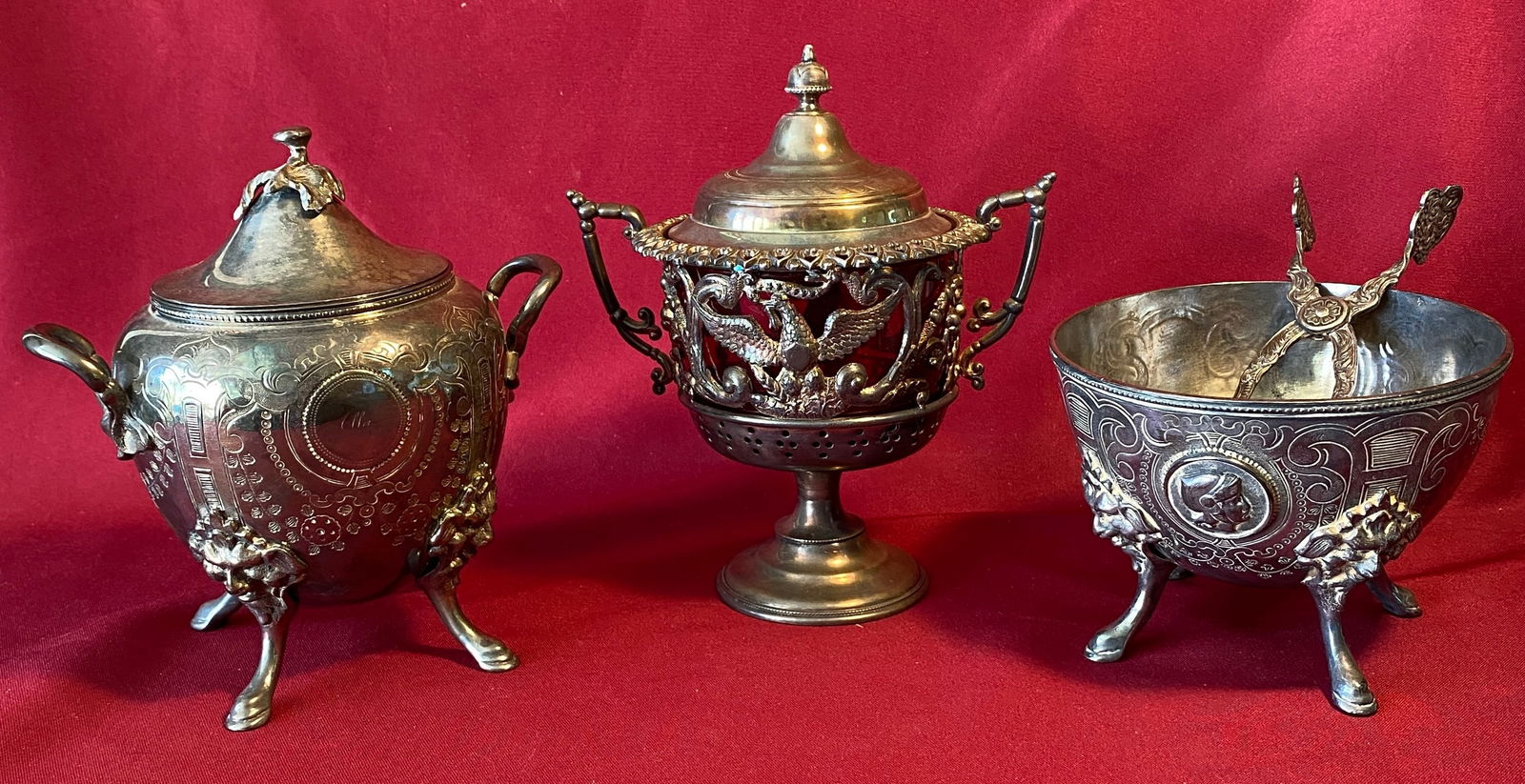 Four Older Silver-Plate Pieces - 2 Piece Meriden B (Sugar Bowl & Bowl), Eagle Themed Sugar Bowl with (1 of 10)
