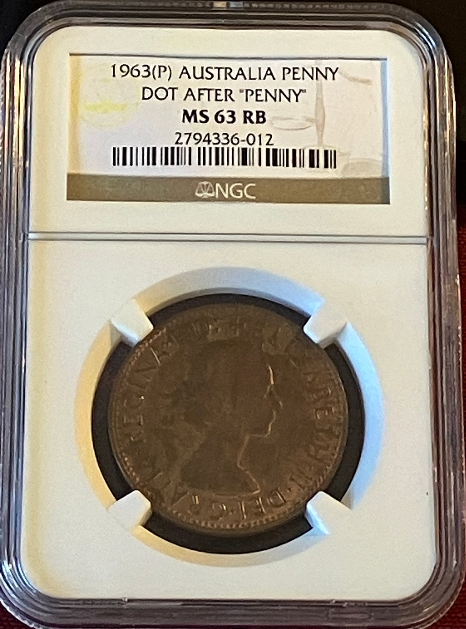 Graded 1963-(P) Australia Penny - Dot After 'Penny' - MS63 RB by NGC: Graded 1963-(P) Australia Penny - Dot After 'Penny' - MS63 RB by NGC