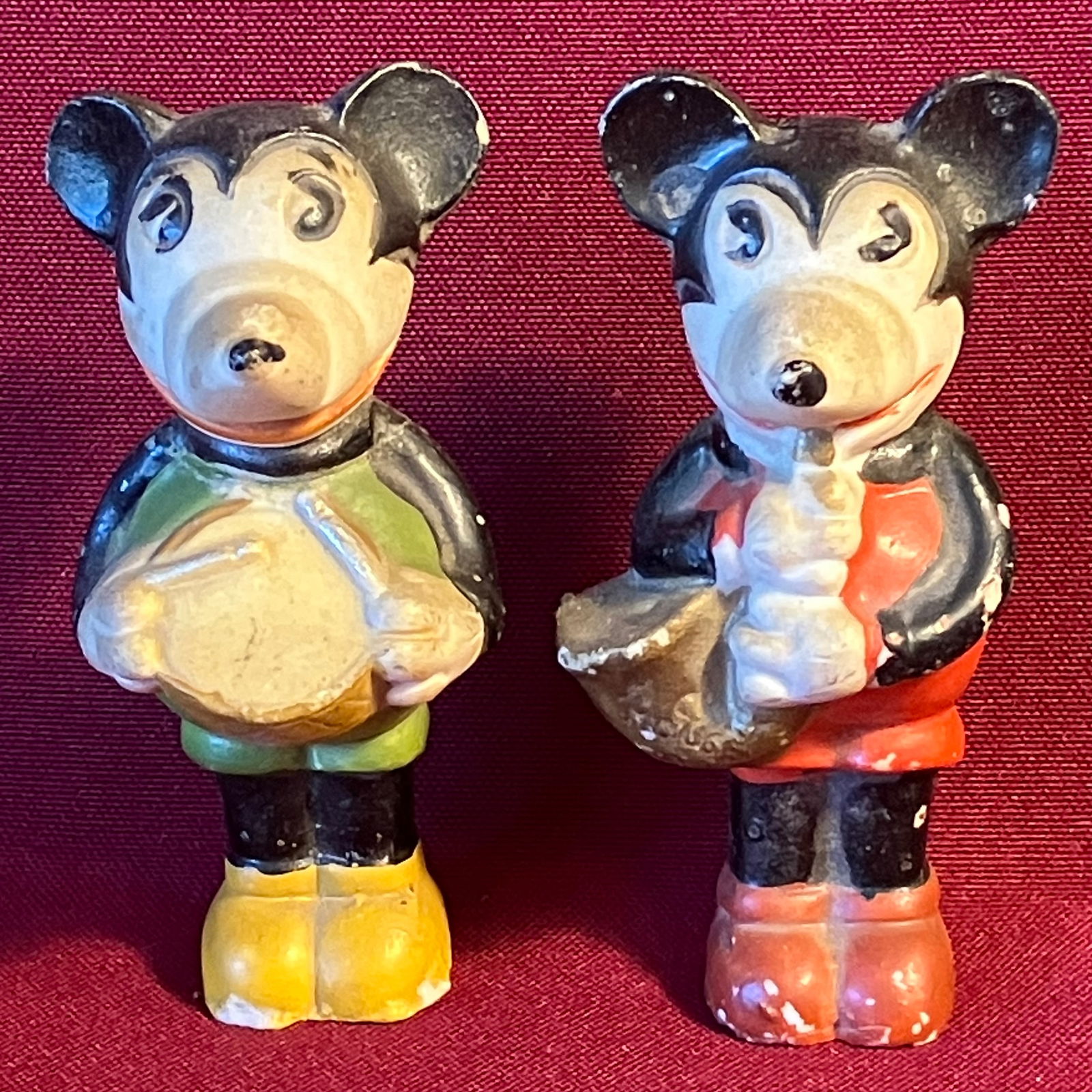 Two 1930s Mickey Mouse Bisque Figures - One with Horn (C73) - One with Drum (C72) - Made in China: Two 1930s Mickey Mouse Bisque Figures - One with Horn (C73) - One with Drum (C72) - Made in China