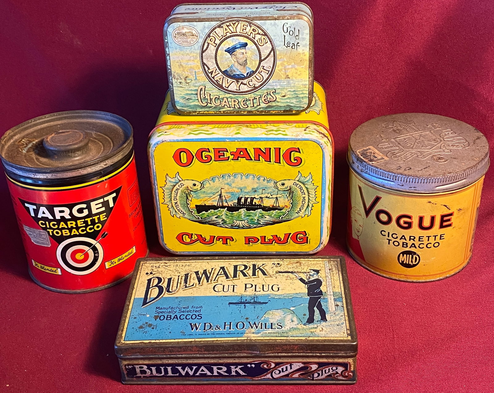Five Older Tobacco Advertising Cans - Various Types and Sizes: Five Older Tobacco Advertising Cans - Various Types and Sizes
