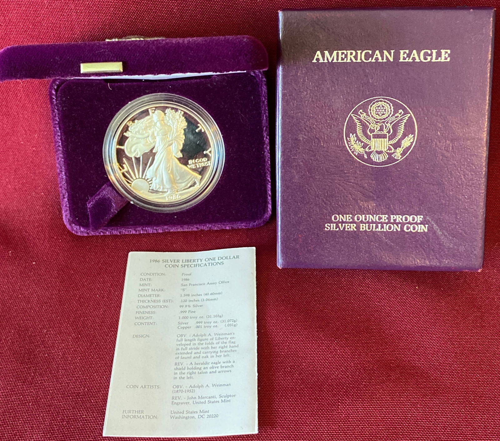 1986 One Ounce .999 Fine Proof Silver Eagle (1 of 3)