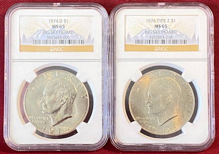 Two NGC Graded Eisenhower Dollars - Big Sky Hoard - 1974-D MS65 & 1976 Type 2 MS65: Two NGC Graded Eisenhower Dollars - Big Sky Hoard - 1974-D MS65 & 1976 Type 2 MS65