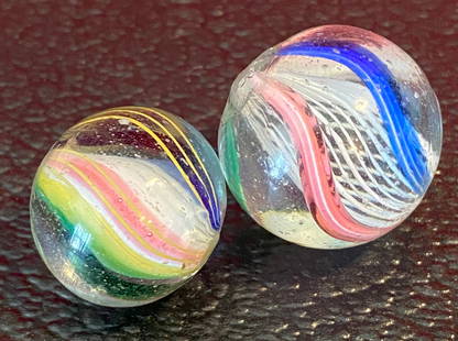 Two Antique German Glass Marbles - Swirl & Latticinio Shooter: Two Antique German Glass Marbles - Swirl & Latticinio Shooter