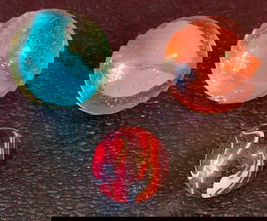 Three Older Vintage Marbles - (1) Red Akro (Christensen) Agate Marble & (2) Glass Cat's Eye: Three Older Vintage Marbles - (1) Red Akro (Christensen) Agate Marble & (2) Glass Cat's Eye Bowler/Shooter