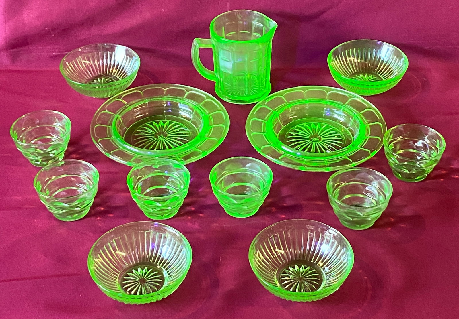 Collection of Uranium Glass - (2) Anchor Hawking Nut/Butter Dishes, (6) Thumbprint Berry Cups, (4) (1 of 8)