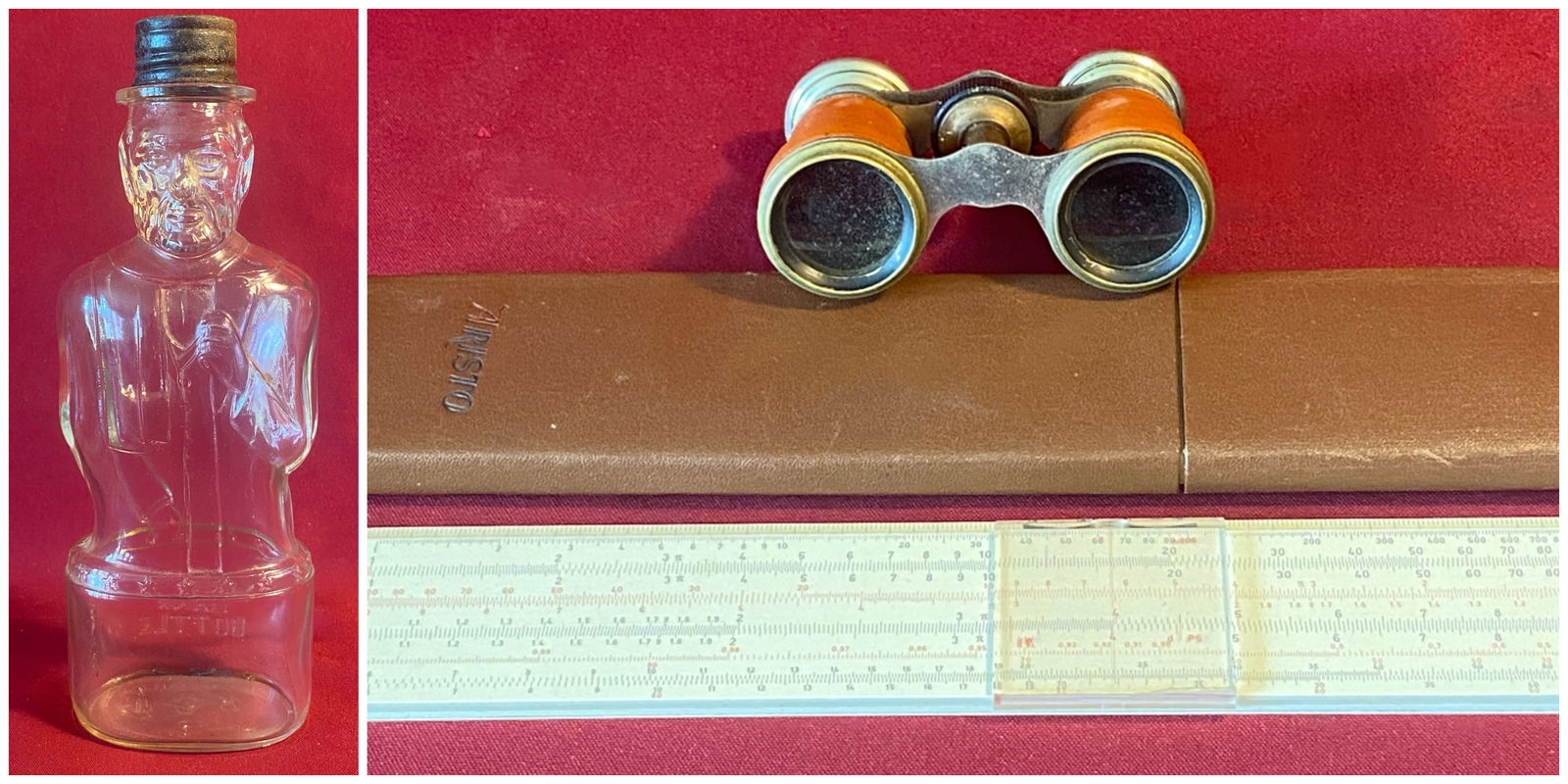Aristo #967U Slide Ruler, Case, Chevalier Paris Opera Glasses (Lens Loose), Abe Lincoln Bottle Bank (1 of 5)