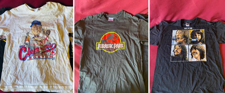 Three Vintage T-Shirts - Beatles (XL), Roger Clemens Boston Red Sox (L), and Jurassic Park (L): Three Vintage T-Shirts - Beatles (XL), Roger Clemens Boston Red Sox (L), and Jurassic Park (L)