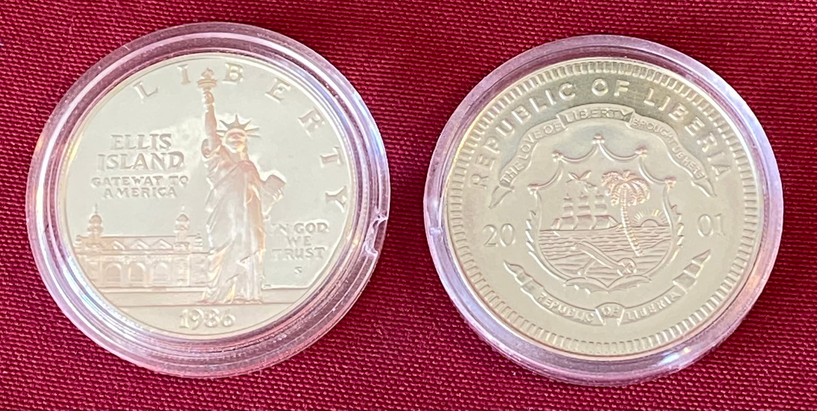 Two Commemorative Silver Dollars - 1986-S Statue of Liberty & 2001 Liberia Discovery of America $5 (1 of 3)