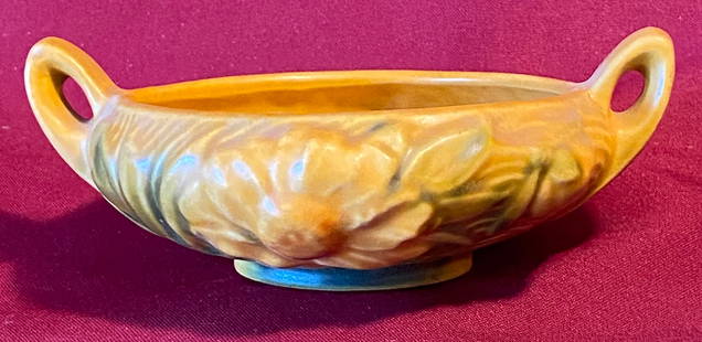 Roseville Pottery Handled Bowl - Yellow Peony Pattern - Approx 4": Roseville Pottery Handled Bowl - Yellow Peony Pattern - Approx 4"