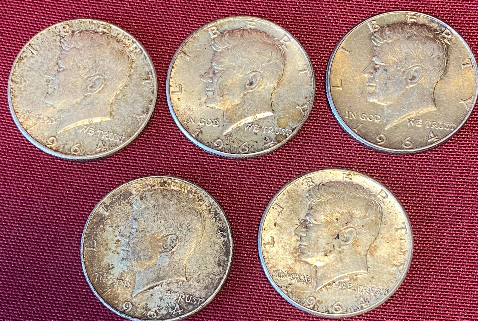 Five 1964 Kennedy Silver Half Dollars (1 of 2)