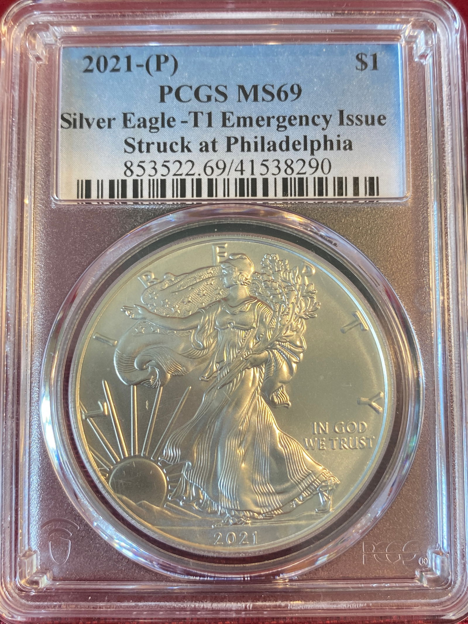 Graded 2021-P One Ounce .999 Fine Silver Eagle - MS69 by PCGS (1 of 3)
