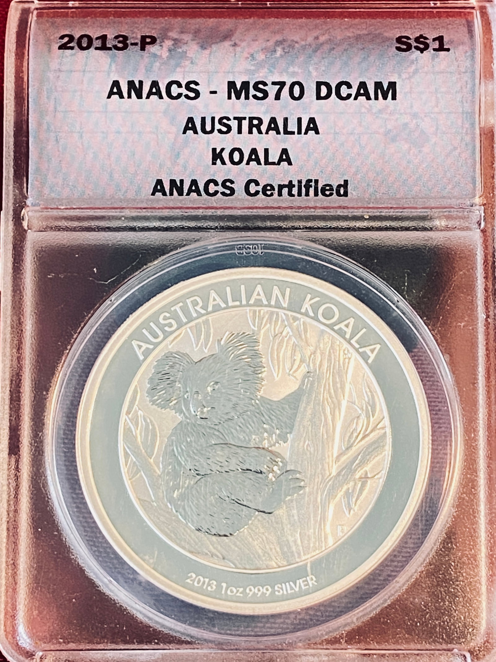 Graded 2013-P Australia One Ounce .999 Fine Silver Dollar - Koala - MS70DCAM by ANACS: Graded 2013-P Australia One Ounce .999 Fine Silver Dollar - Koala - MS70DCAM by ANACS