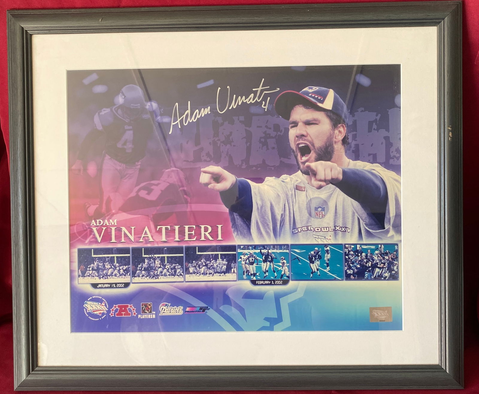 Signed Adam Vinatieri NFL Super Bowl XXXVI Framed Poster - Approx 26"x23" (1 of 6)