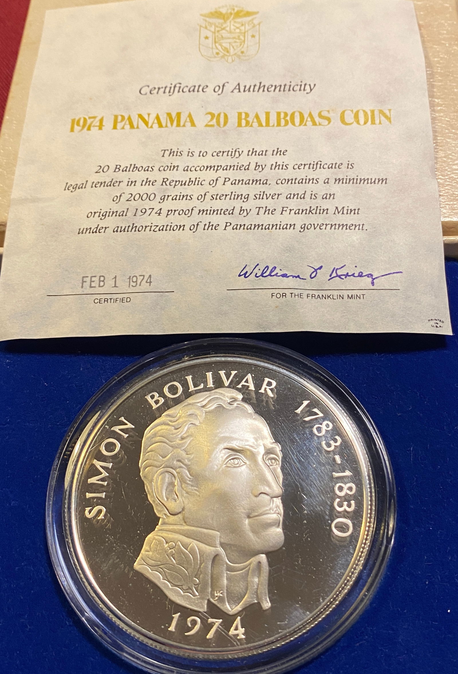 1974 Panama 20 Balboas 2000 (Approx 4.6oz) Grain Sterling Silver Coin: 1974 Panama 20 Balboas 2000 (Approx 4.6oz) Grain Sterling Silver Coin