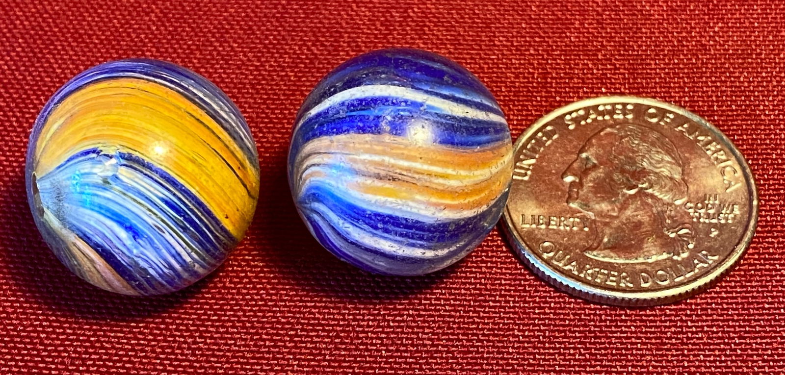 Two Old Onionskin Marbles with Panels of Cobalt/White & Orange/Yellow, Etc. (1 of 6)