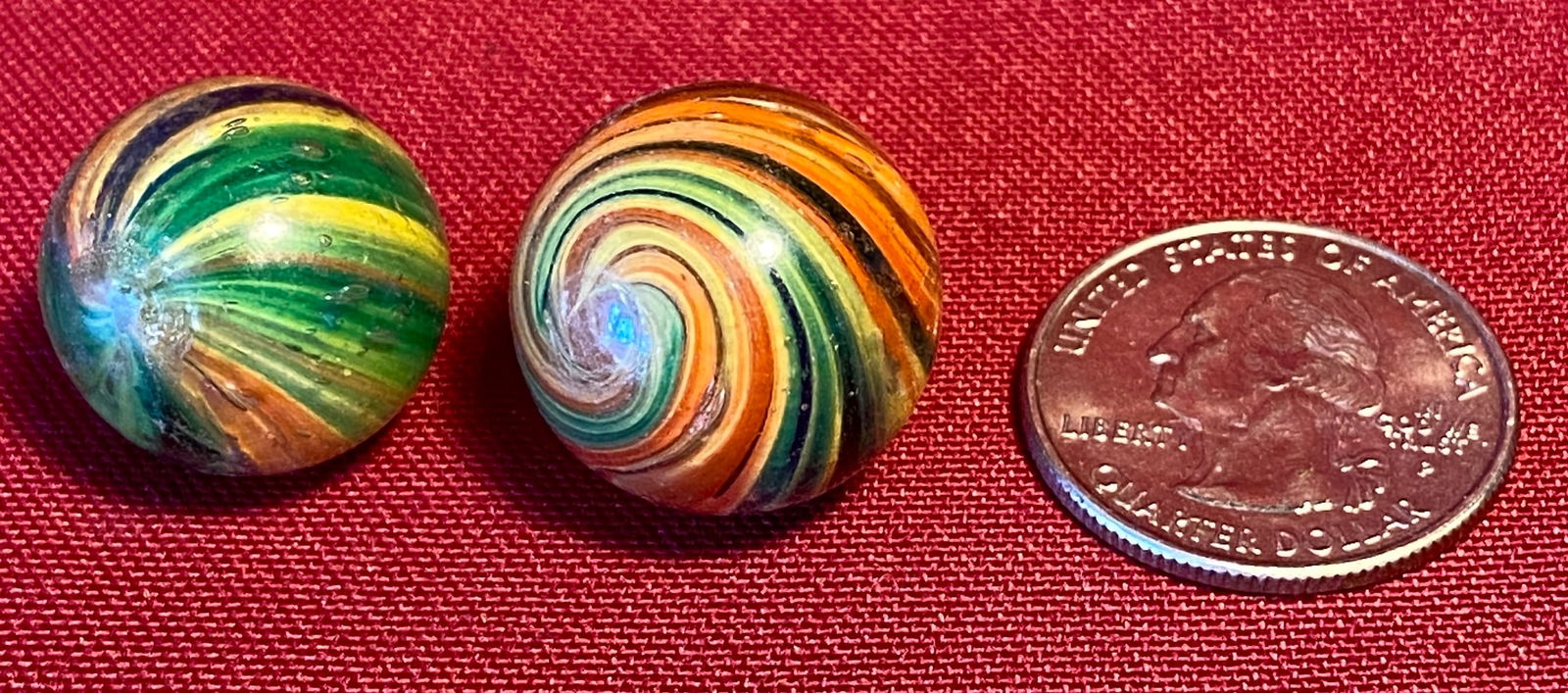 Two Old Onionskin Marbles with Panels of Yellow/Green & Orange/Red, Etc. (1 of 6)