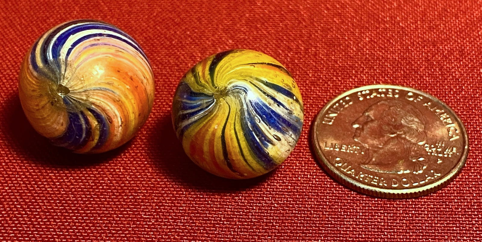 Two Old Onionskin Marbles with Panels of Cobalt/White, Yellow/Orange, Etc. (1 of 6)