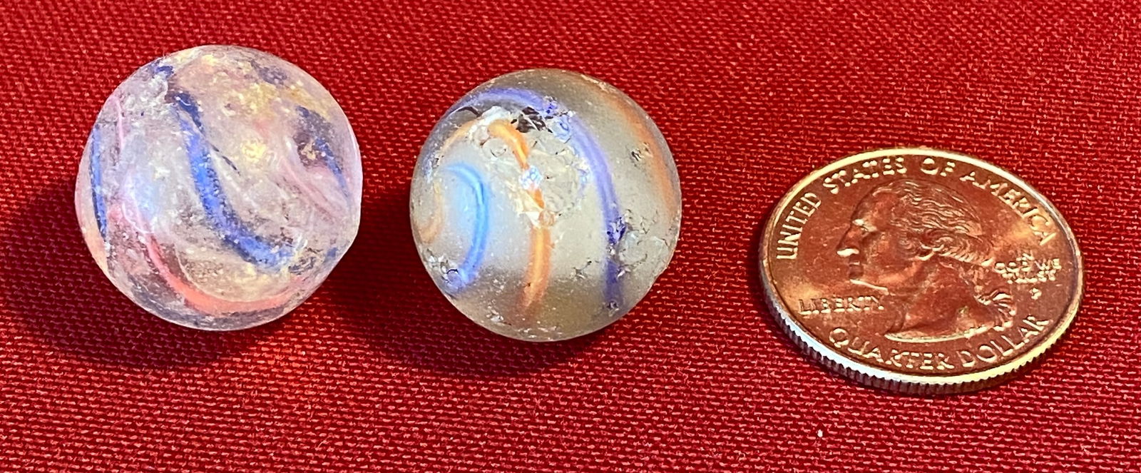 Two Antique German Solid Core Swirl Marbles - Blue/Orange & Blue/Red (1 of 6)