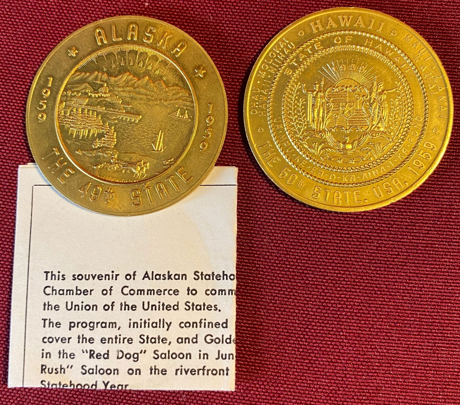 Two Commemorative Trade Token/Coins - 1959 Alaska 49th State & Hawaii 50th State (1 of 5)