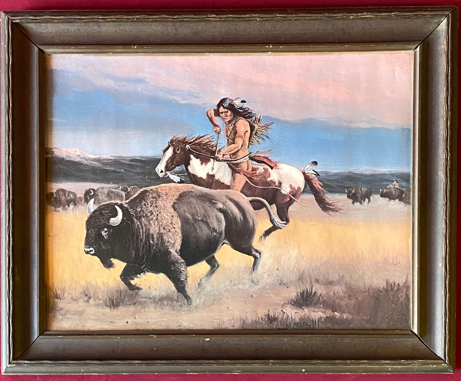 Framed Native American Artwork Print Signed M. Caroselli - Indian and Buffalo - Approx 21"x17" (1 of 6)
