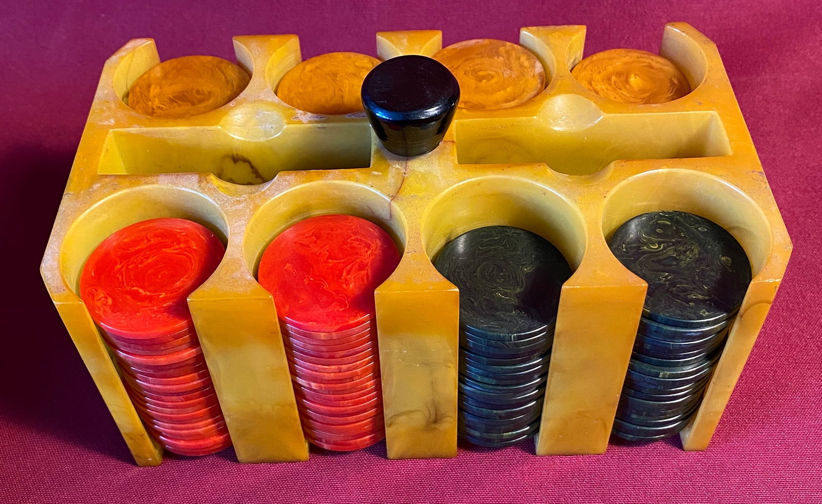 Older Bakelite Poker Chip Set with Holder - Red, Green, Yellow (1 of 7)