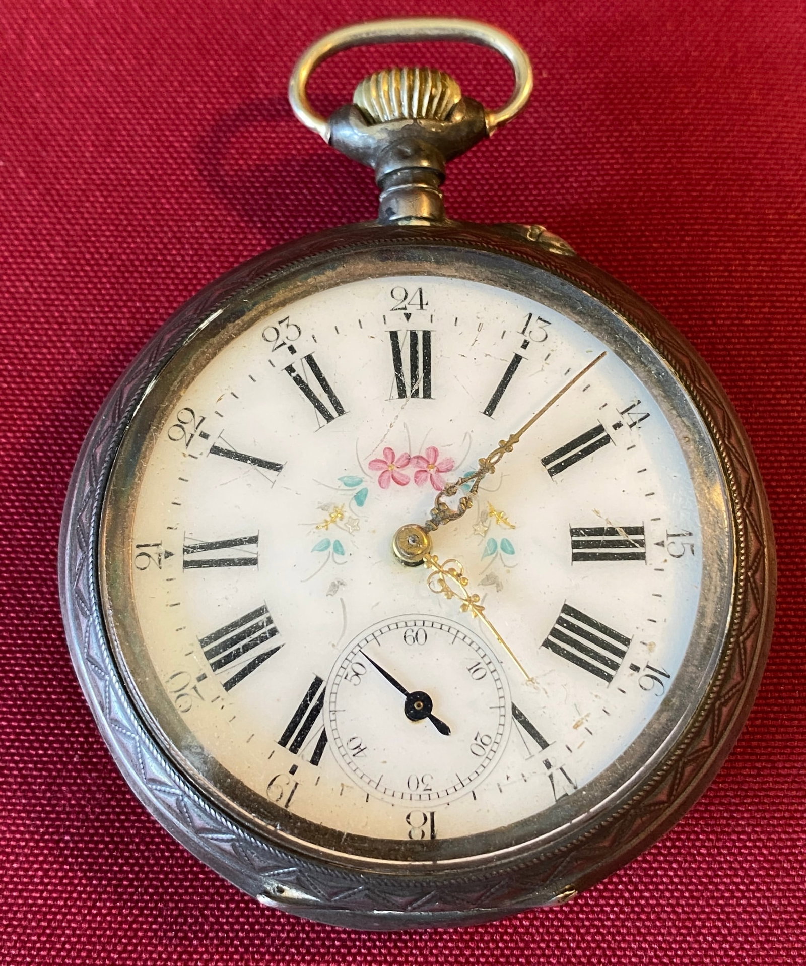 Older Swiss Enamel Floral Faced Railroad Themed Pocket Watch - 800 EP: Older Swiss Enamel Floral Faced Railroad Themed Pocket Watch - 800 EP