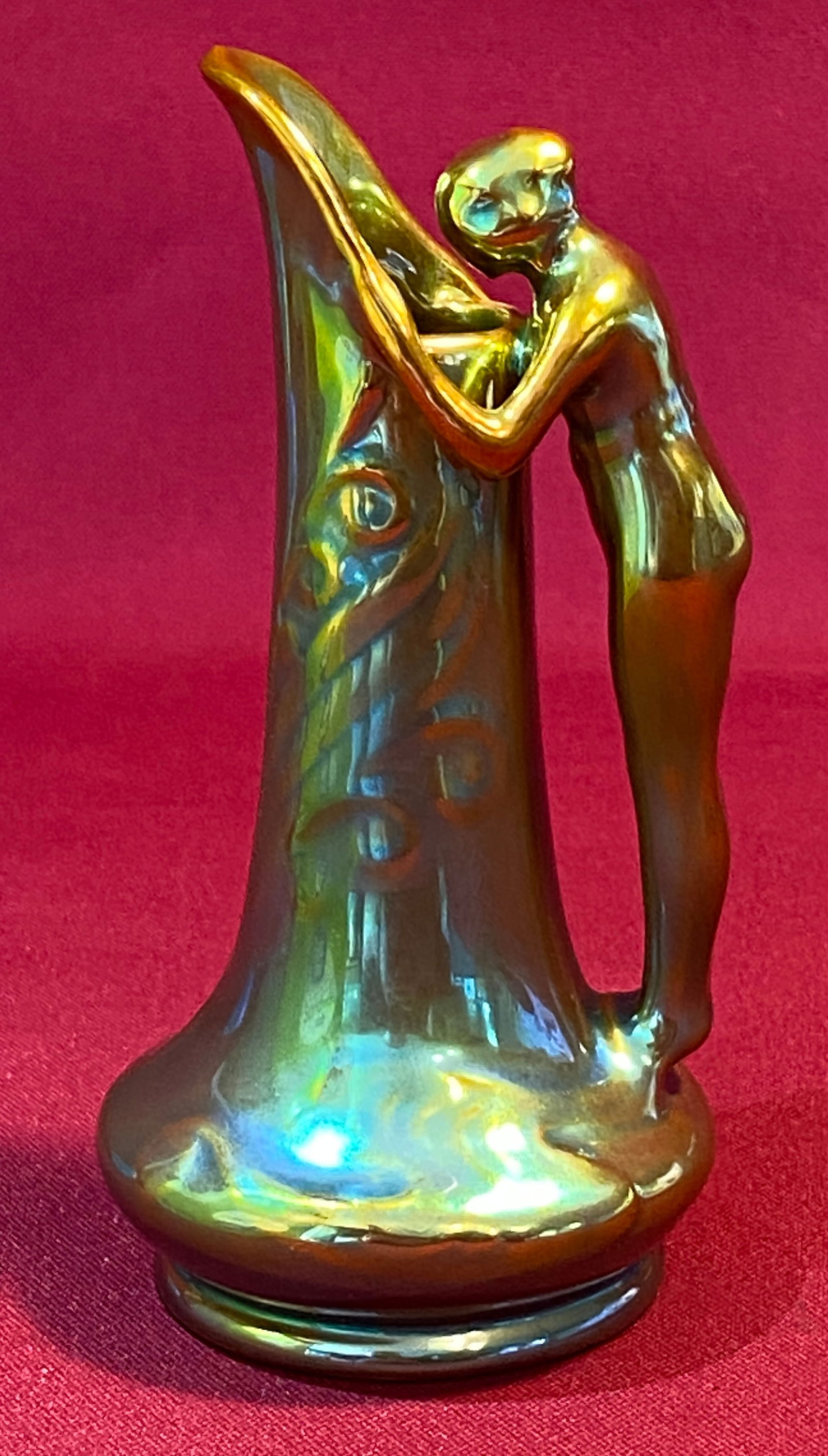 Art Nouveau Zsolnay Pecs Nude Nymph Pitcher - Vintage Eosin Porcelain Vase - Made in Hungary -: Art Nouveau Zsolnay Pecs Nude Nymph Pitcher - Vintage Eosin Porcelain Vase - Made in Hungary - Approx 5"