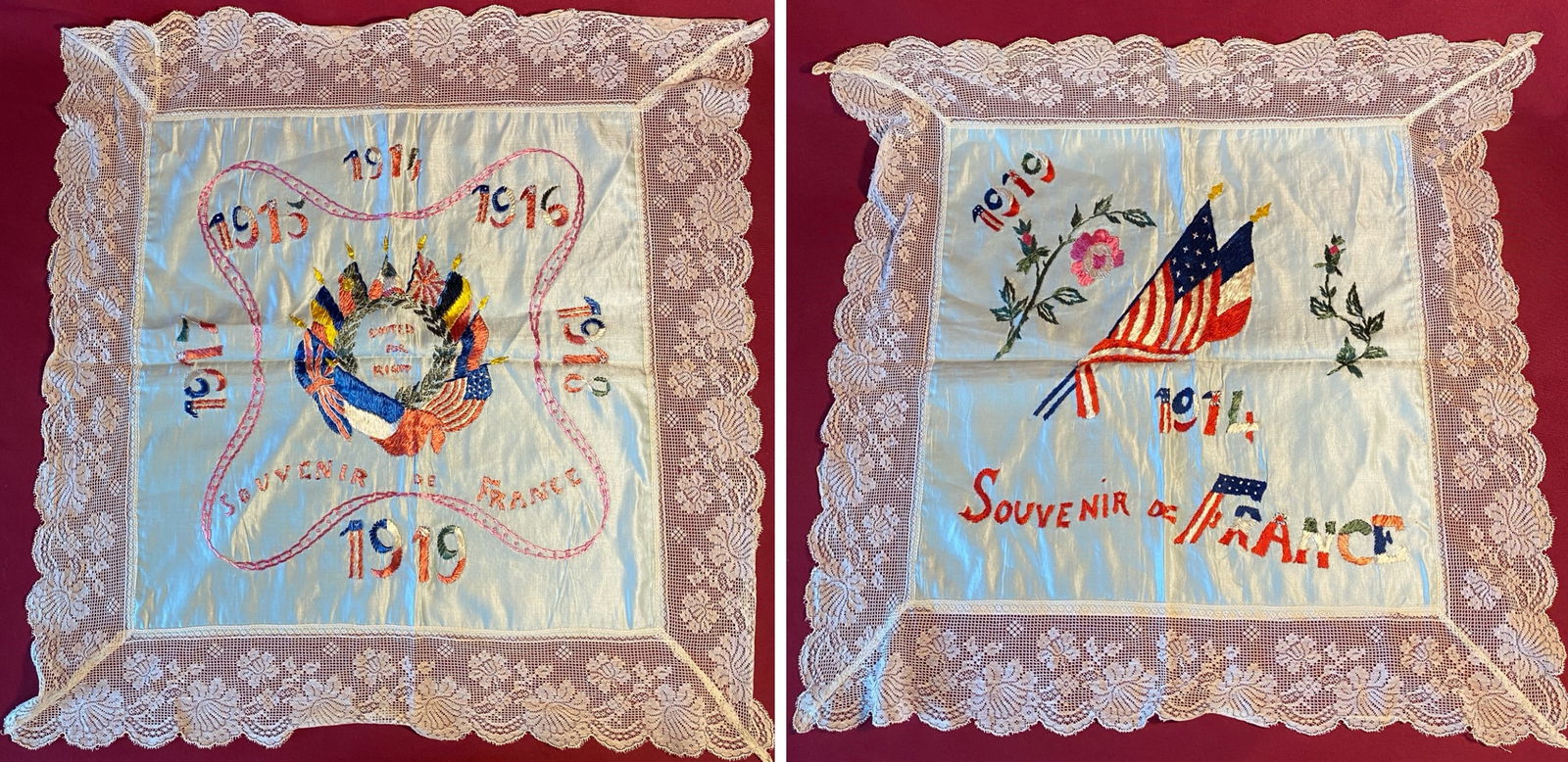 Two WWI United for Right Souvenir of France Silk and Lace Embroidered Pillow Shams: Two WWI United for Right Souvenir of France Silk and Lace Embroidered Pillow Shams
