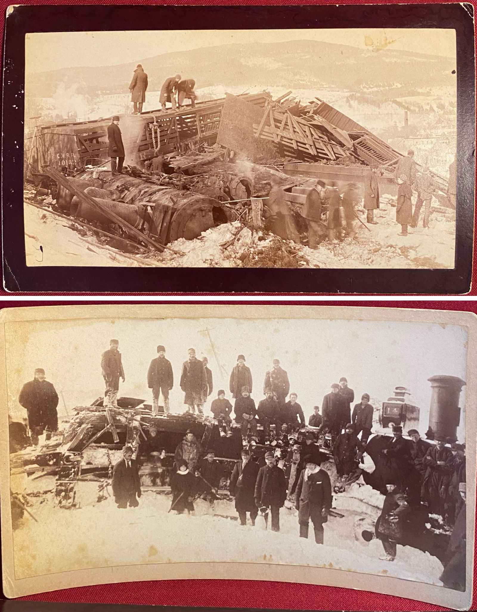 Two Antique Train Wreck/Derailment Photographs - (1) C.V.R.R. Hay Car - Both Refer to Late 1800s and (1 of 13)