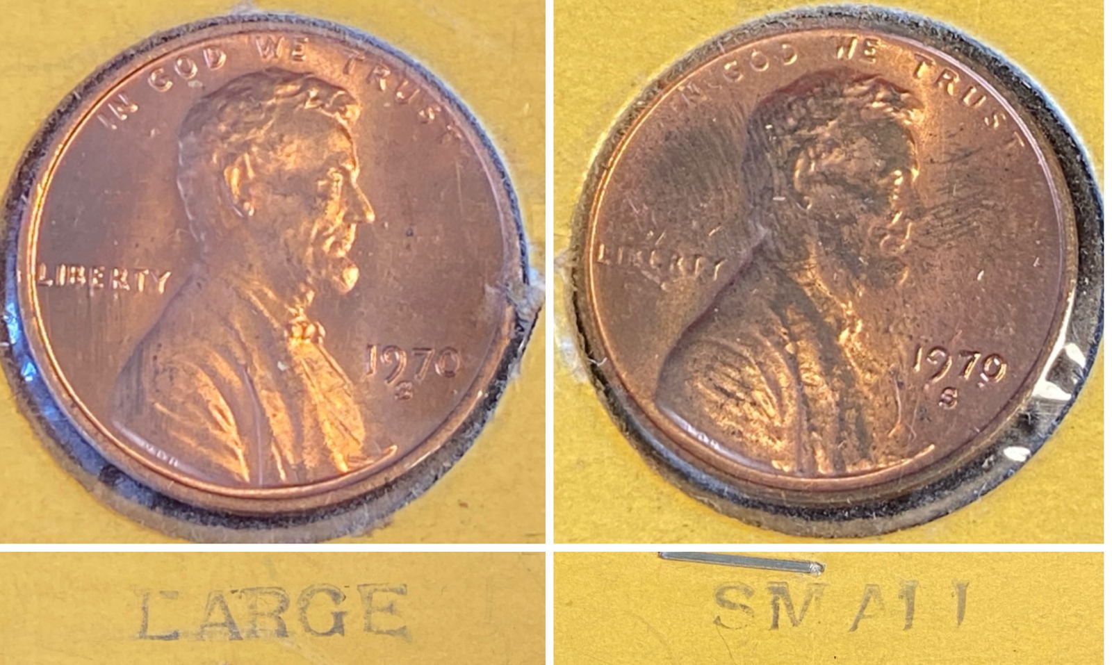 Two 1970 Lincoln Pennies - (1) Large - (1) Small (1 of 4)