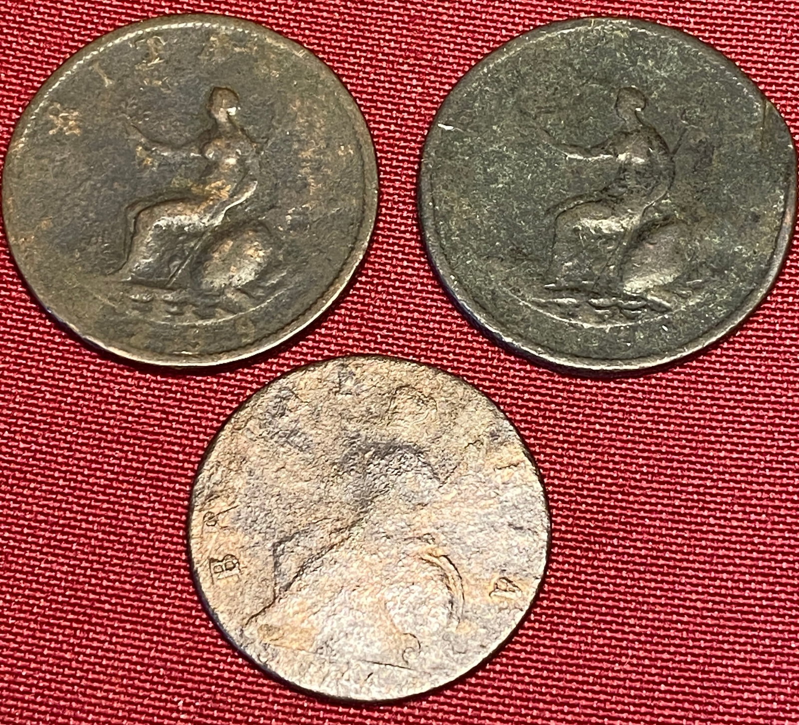 Three Great Brittian Half Pennies - 1744 & (2) 1799: Three Great Brittian Half Pennies - 1744 & (2) 1799