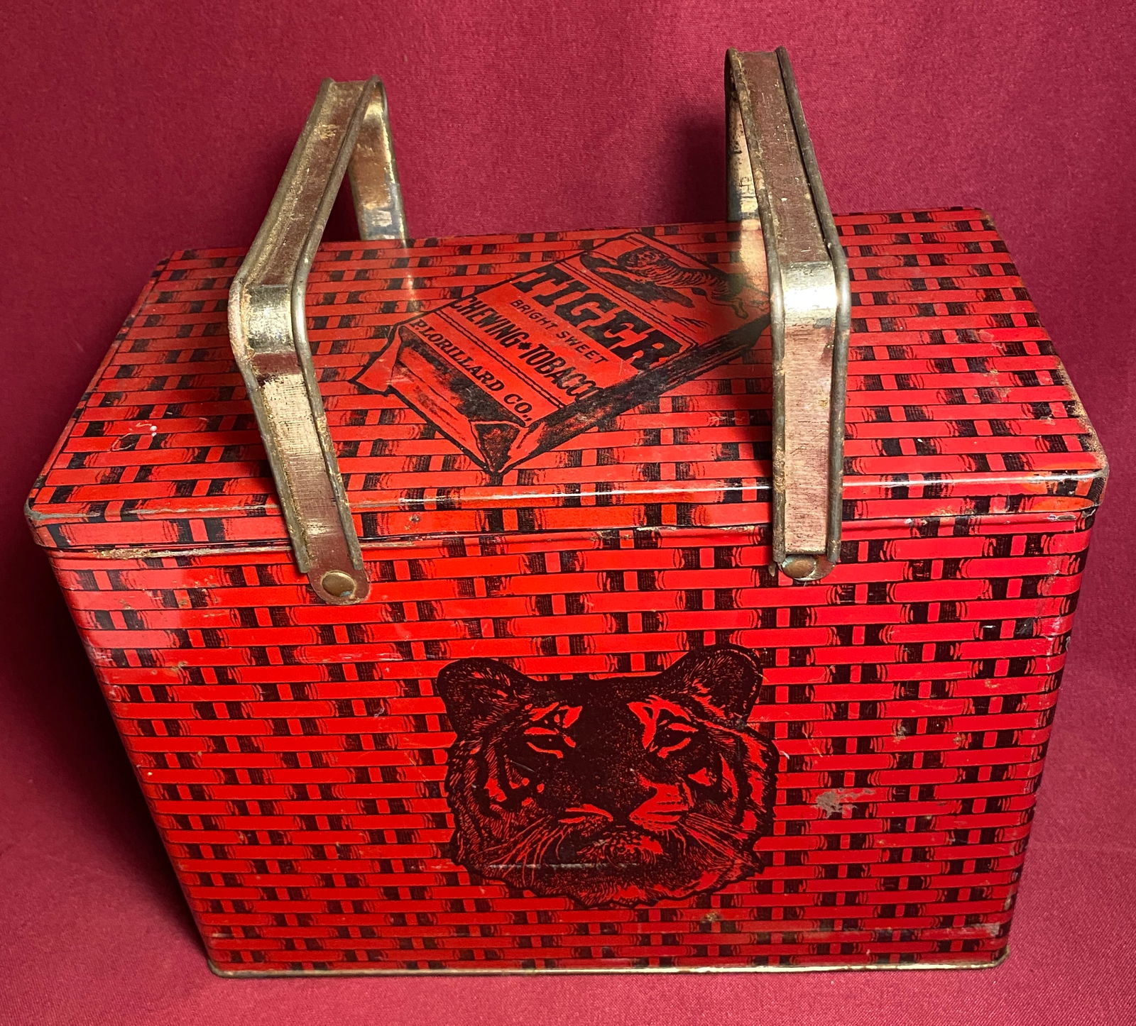 Tiger Chewing Tobacco P. Lorillard Co. Lunch Box Style Advertisement Tin - Approx 9.5"x10.25"x5.5" (1 of 8)