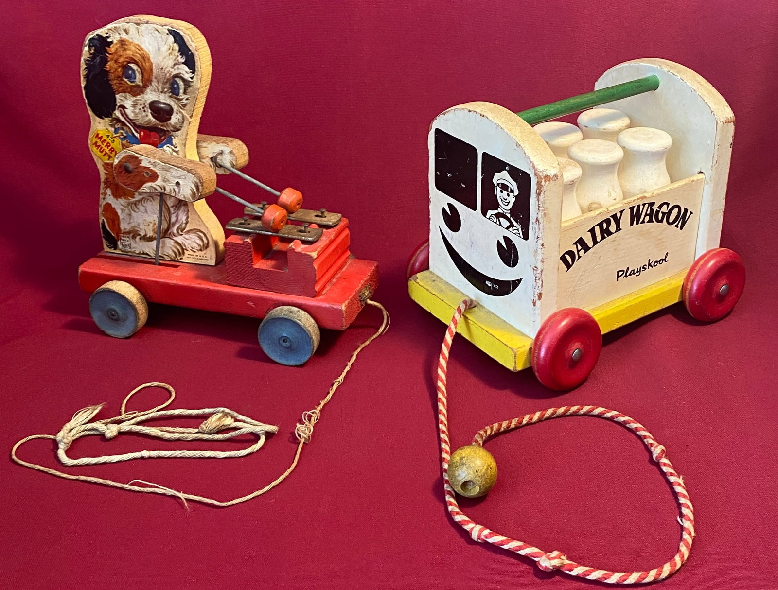 Two Older Wooden Pull Toys - Fisher Price Merry Mutt & Dairy Wagon: Two Older Wooden Pull Toys - Fisher Price Merry Mutt & Dairy Wagon