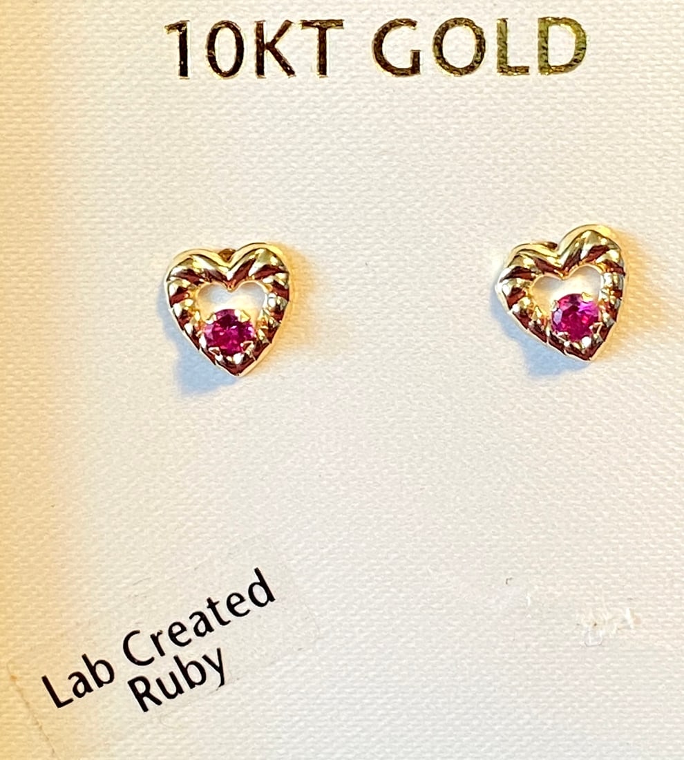 10K Gold Heart Earrings with Lab Created Rubies - Approx .40 Grams (1 of 4)