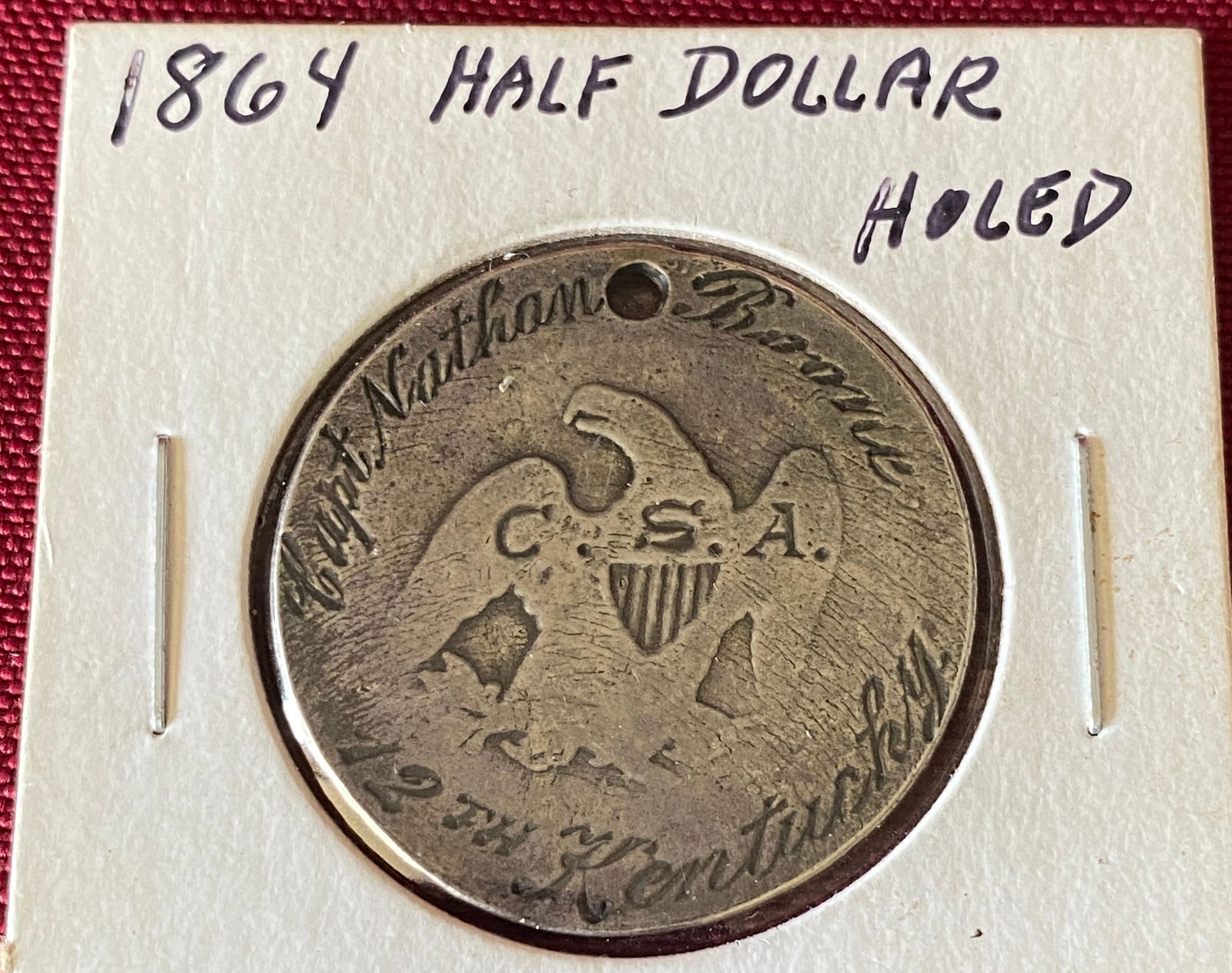 1864 Seated Liberty Half Dollar - Replica 'Dog Tag' Marked Nathan Boone - C.S.A. 12th Kentucky (1 of 3)