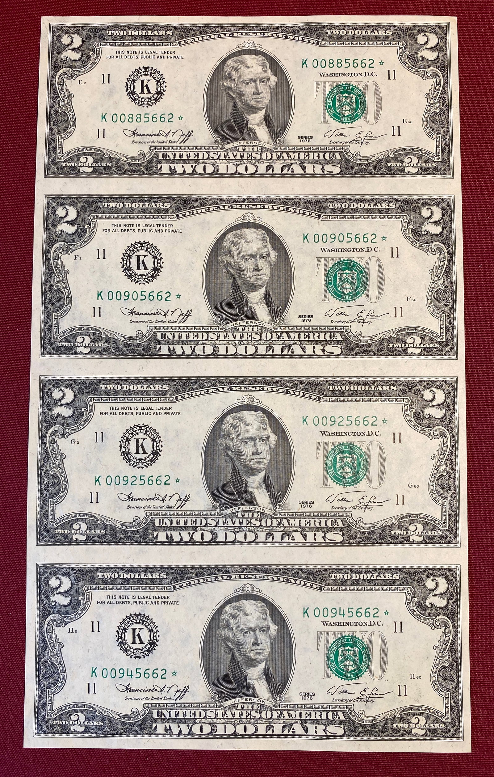 Un-Cut Sheet of Four Series 1976 Two Dollar Bills (1 of 5)