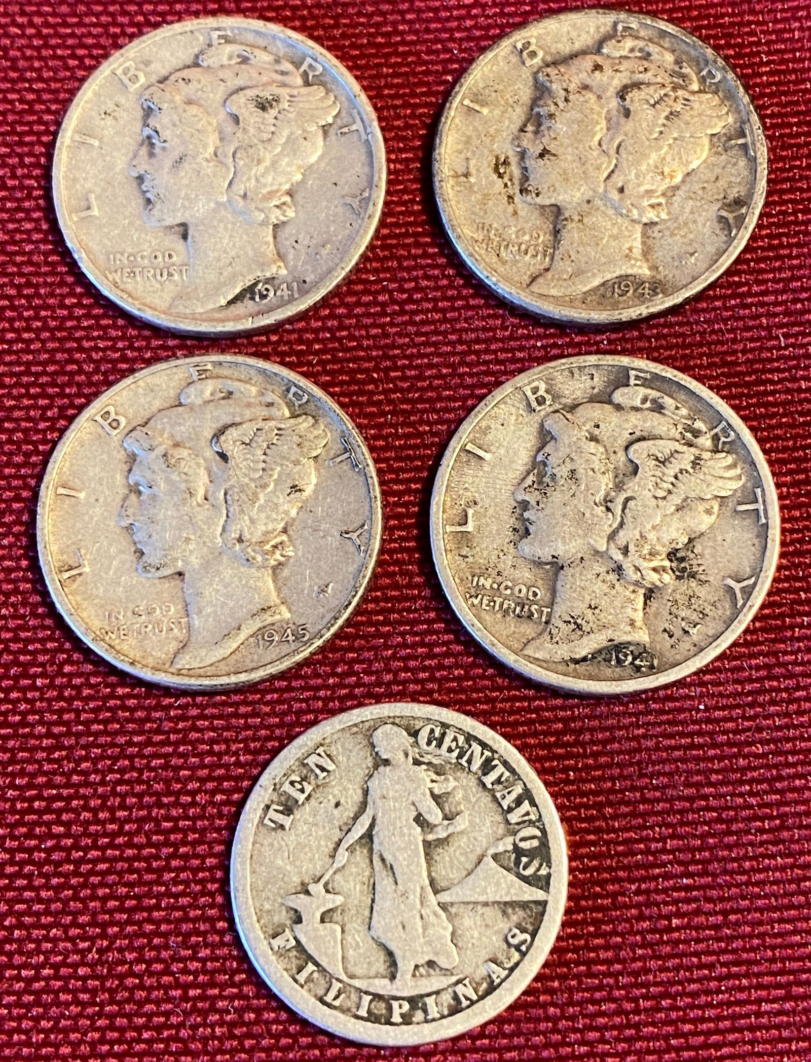 Five Silver Dimes - (4) Mercury - (2) 1941, 1943, 1945 & (1) 1918 Philippine Issue (1 of 6)