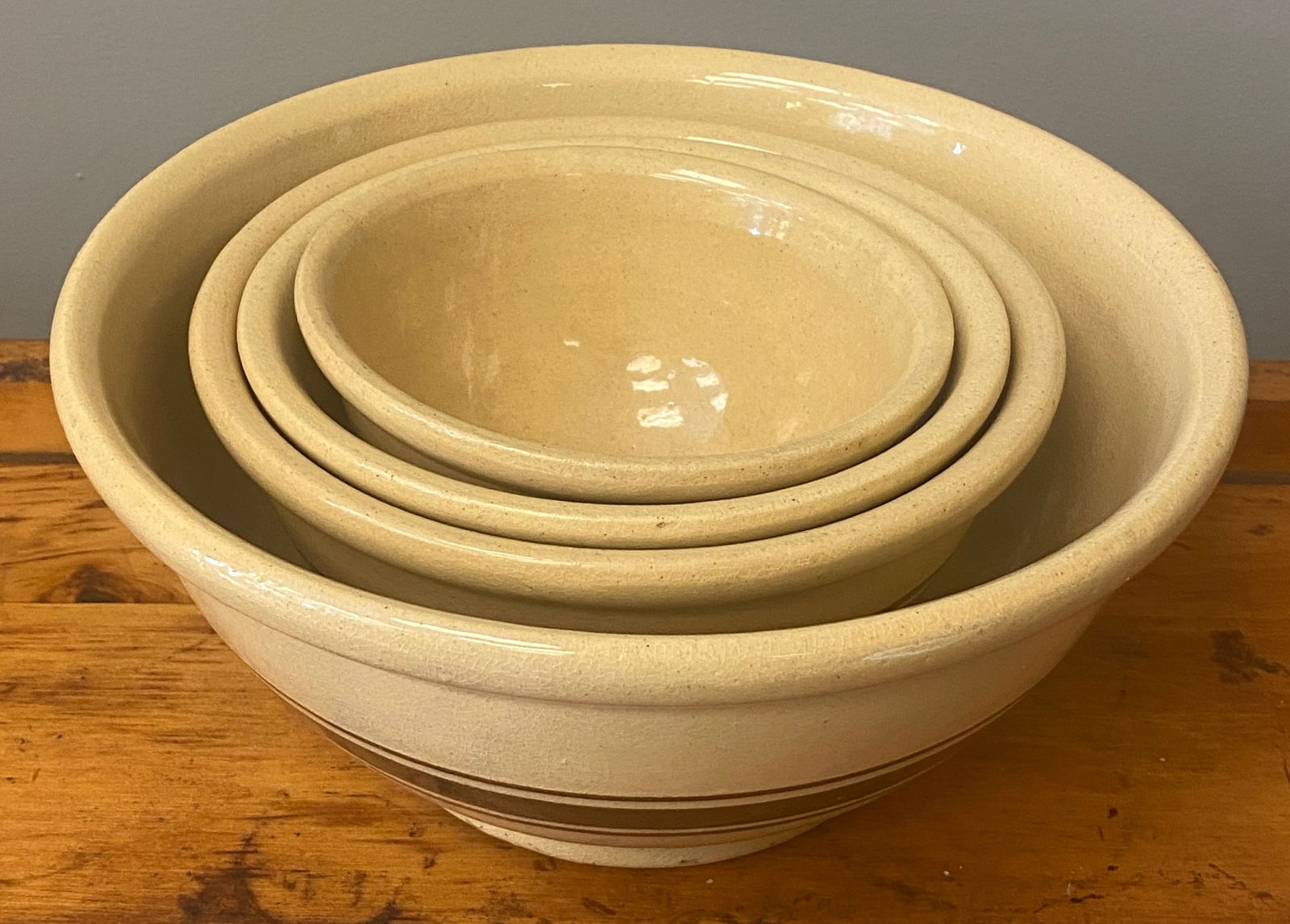 Set of Four Brown Banded Yellowware Nesting Bowls (1 of 5)
