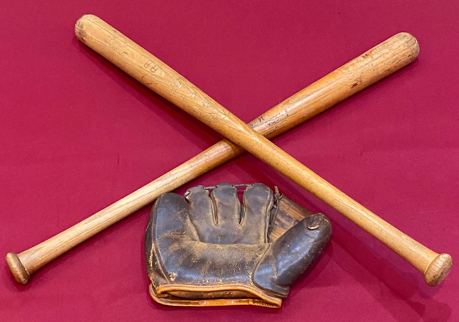 Two Wooden Baseball Bats and Old Leather Glove - One Marked Krens & Other Marked Ted Williams: Two Wooden Baseball Bats and Old Leather Glove - One Marked Krens & Other Marked Ted Williams