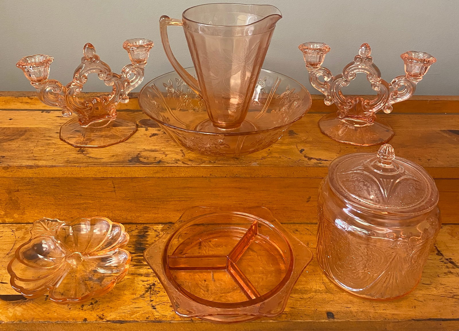 Lot of Pink Depression Glass - Candlesticks, Jar, Pitcher, Etc: Lot of Pink Depression Glass - Candlesticks, Jar, Pitcher, Etc
