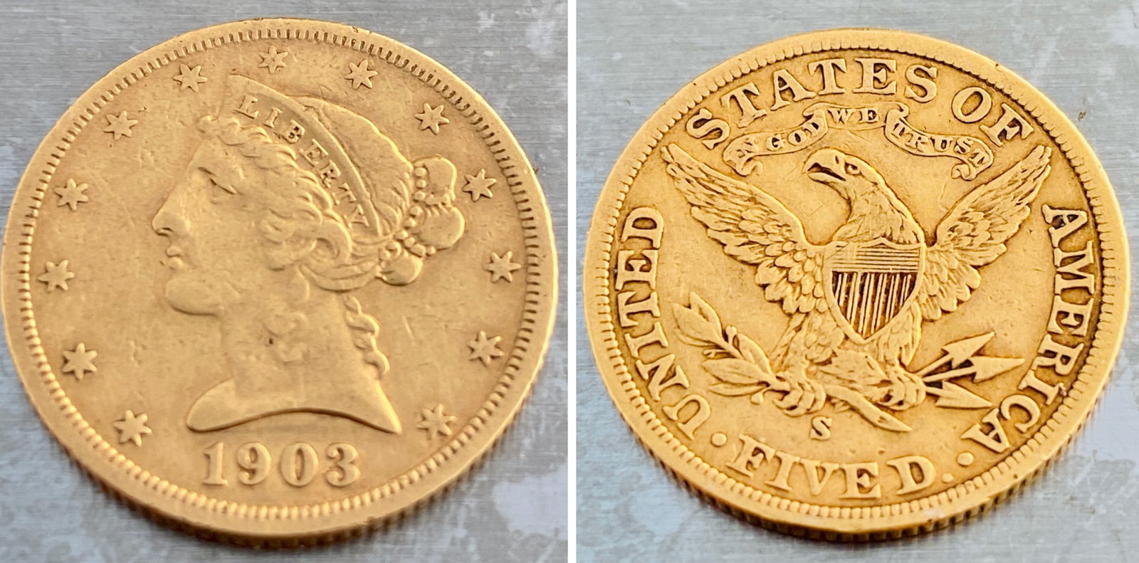 1903-S Liberty Head U.S. 5 Dollar Gold Coin - Approx 8.23 Grams (1 of 6)