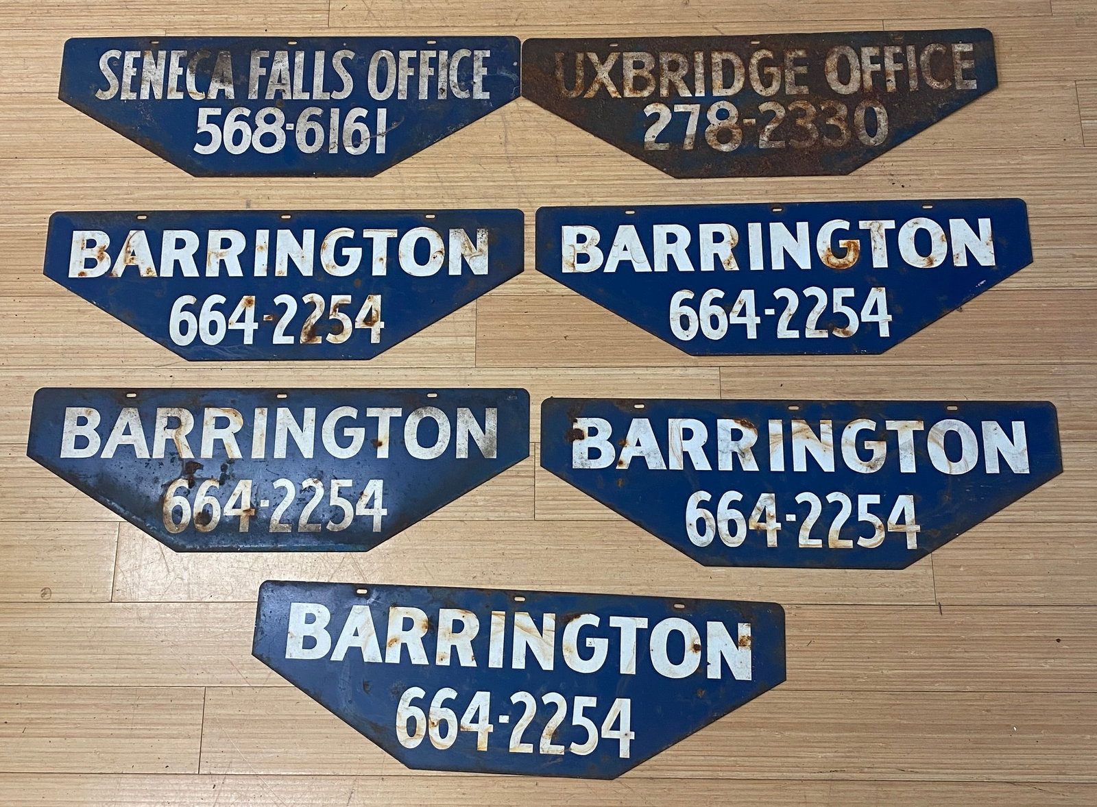 Seven Double Sided Metal Business Signs - Seneca Falls, Uxbridge, Barrington: Seven Double Sided Metal Business Signs - Seneca Falls, Uxbridge, Barrington