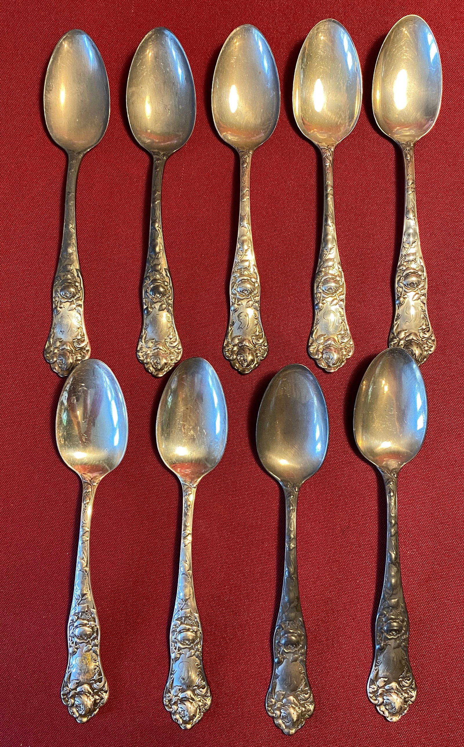 Nine Sterling Silver Shiebler 'American Beauty' Teaspoons - Approx 253 Grams: Nine Sterling Silver Shiebler 'American Beauty' Teaspoons - Approx 253 Grams