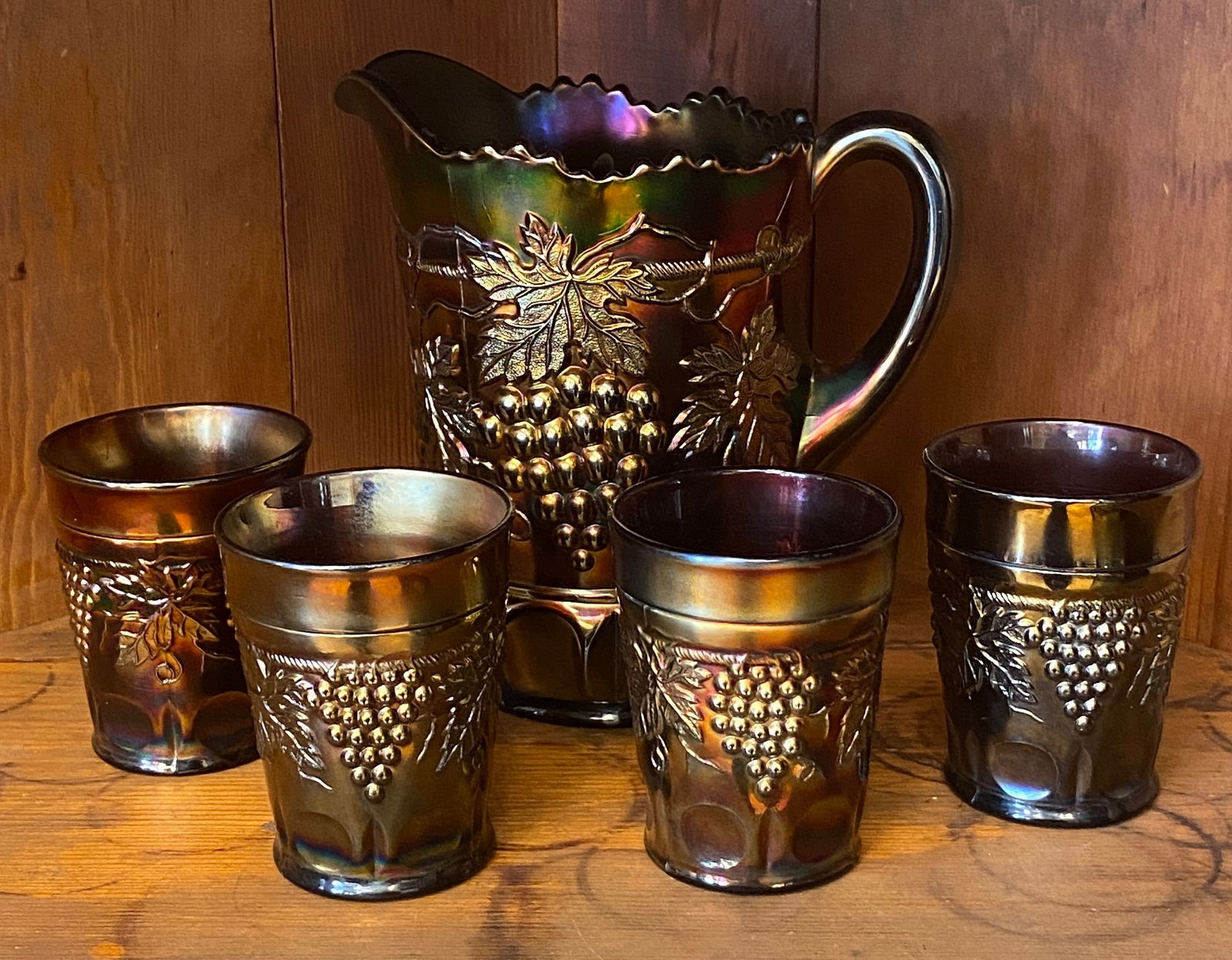Five Pieces of Northwood Grape and Cable Carnival Glass - Water Pitcher & Four Glasses (1 of 4)