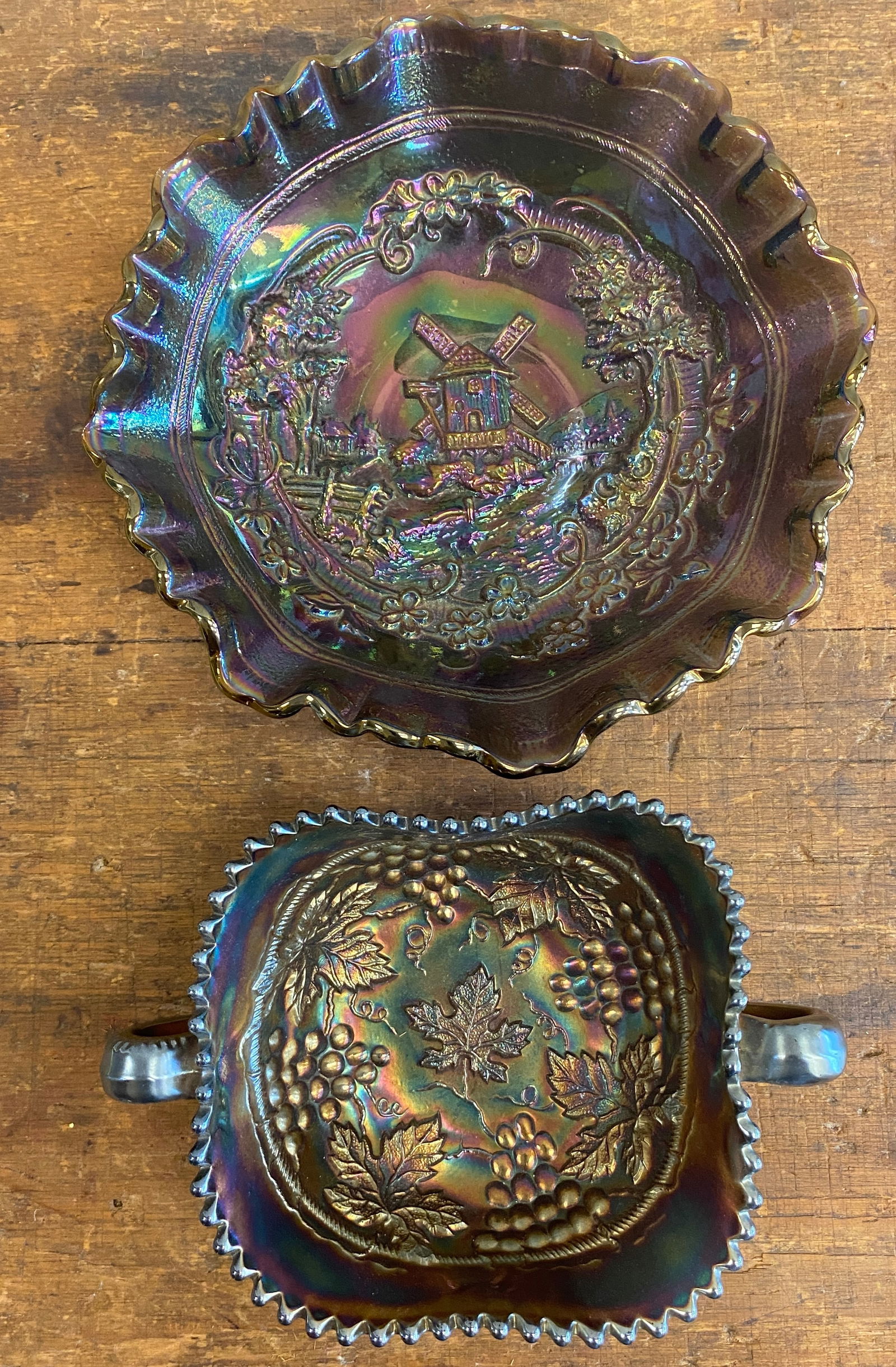 Two Carnival Glass Bowls - One with Windmill Pattern - Maker Mark Shown in Photos - Other Grape (1 of 7)