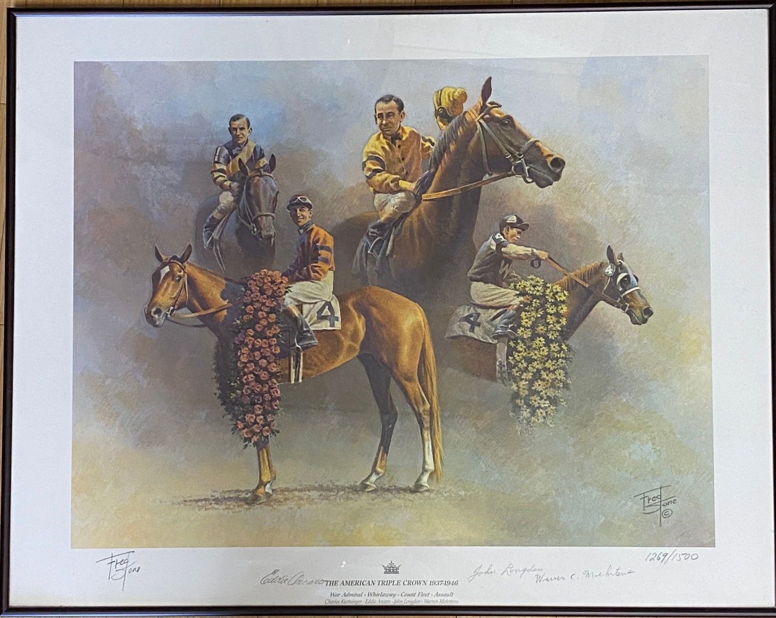 Framed Autographed 'The American Triple Crown 1937-1946' Horse Racing Winning Jockey Print by Fred (1 of 11)