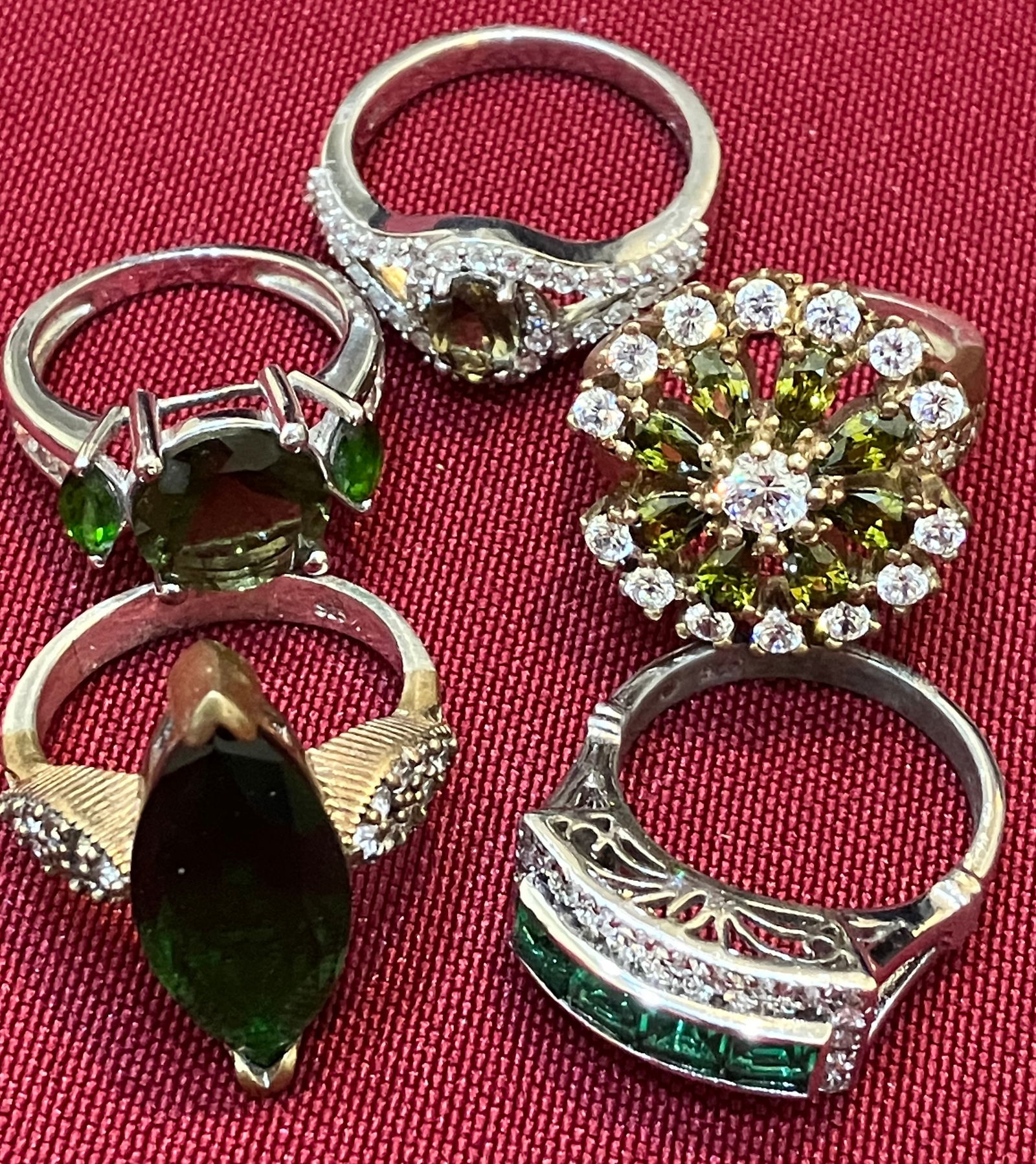 Five Sterling Silver Fashion Rings - All Green Coloring - Approx (1 of 7)