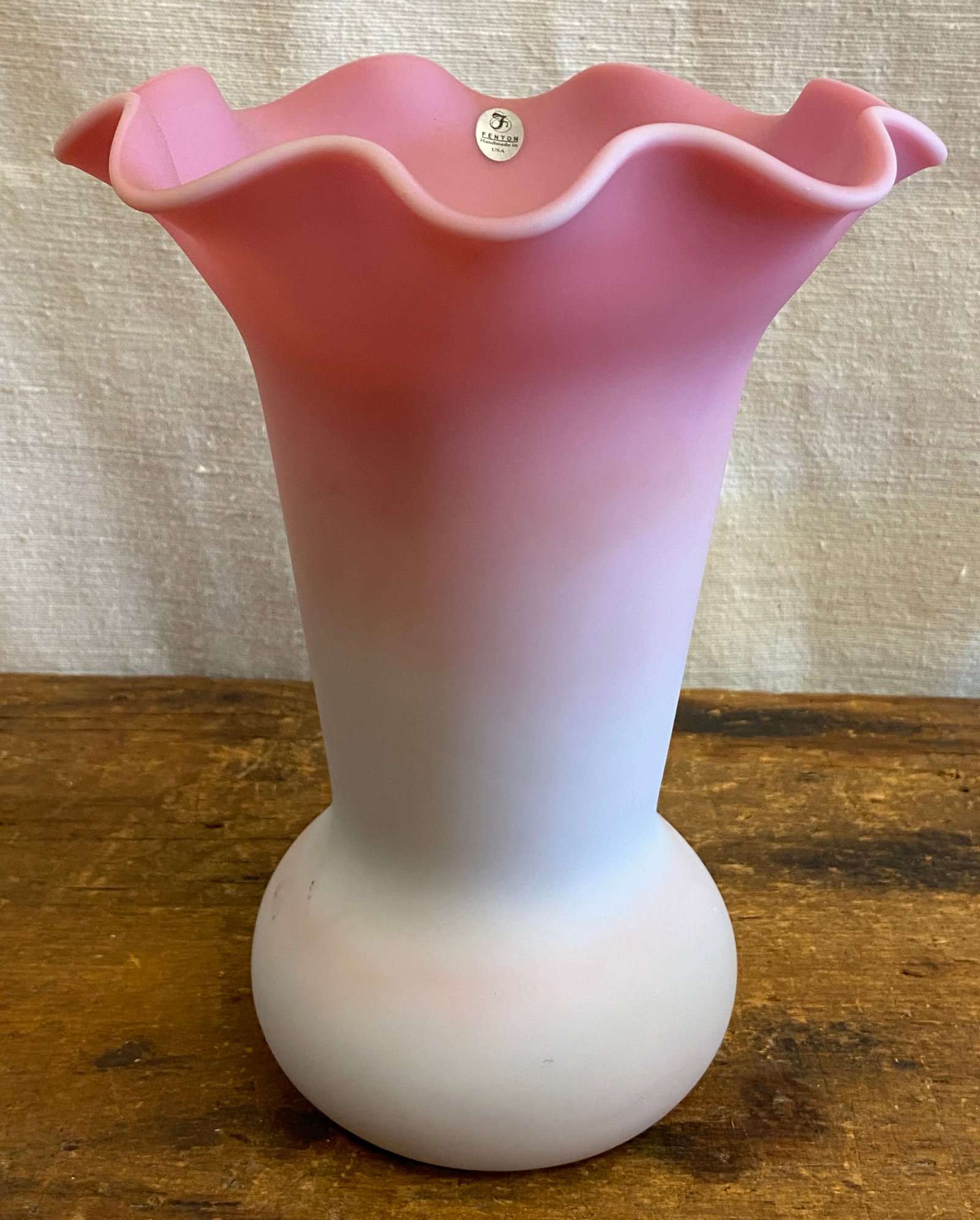 Fenton Fluted Top Pink and White Vase - 9.5": Fenton Fluted Top Pink and White Vase - 9.5"