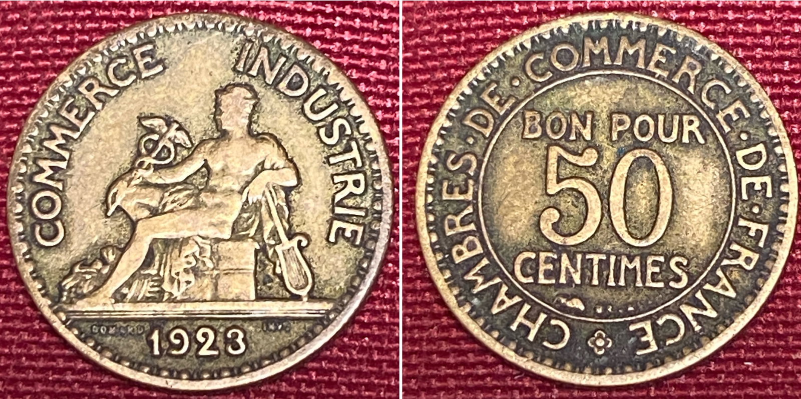 1923 French Bon Pour 50 Centimes Coin: 1923 French Bon Pour 50 Centimes Coin