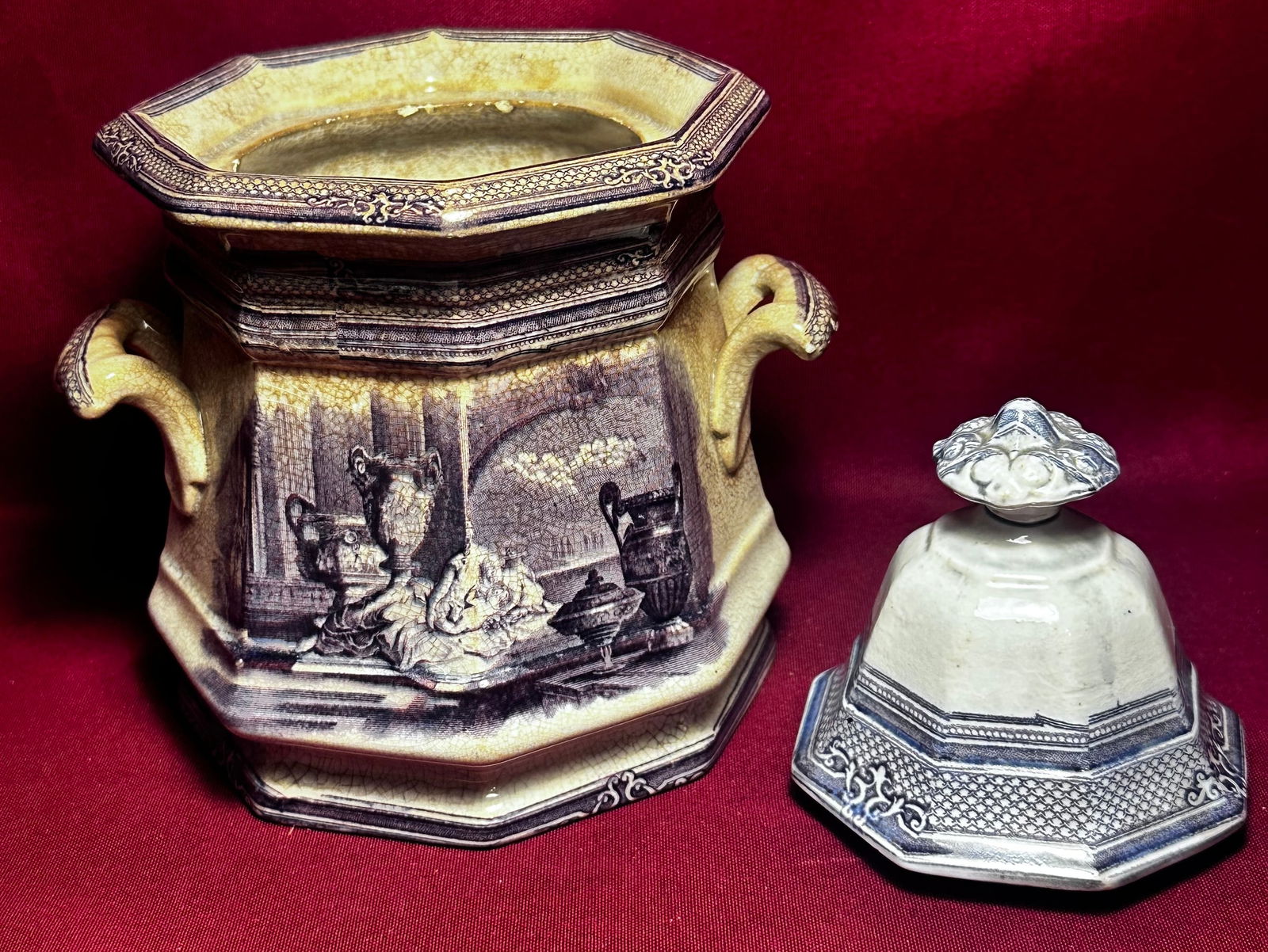 Antique Transferware Mulberry Sugar Bowl - Replaced Lid: Antique Transferware Mulberry Sugar Bowl - Replaced Lid